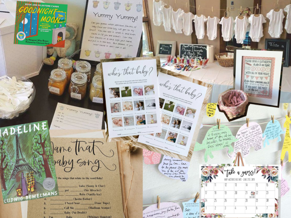 Collage of different baby shower activities and games.