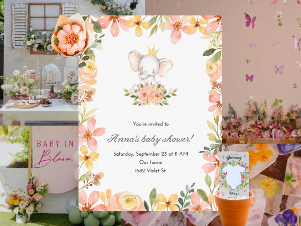 Collage of floral baby shower and matching invitation.