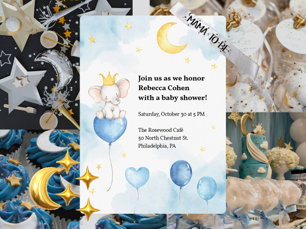 A collage of celestial baby shower decor and matching invitation.