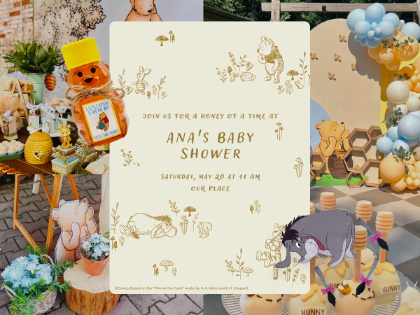 Collage of Winnie the Pooh baby shower decor and matching invitation.