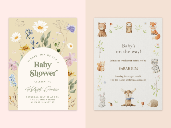 A pretty floral invitation next to an invitation with various baby woodland creatures.