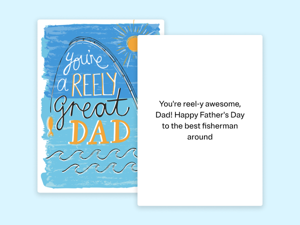 A greeting card with You're a reely great dad written on it.