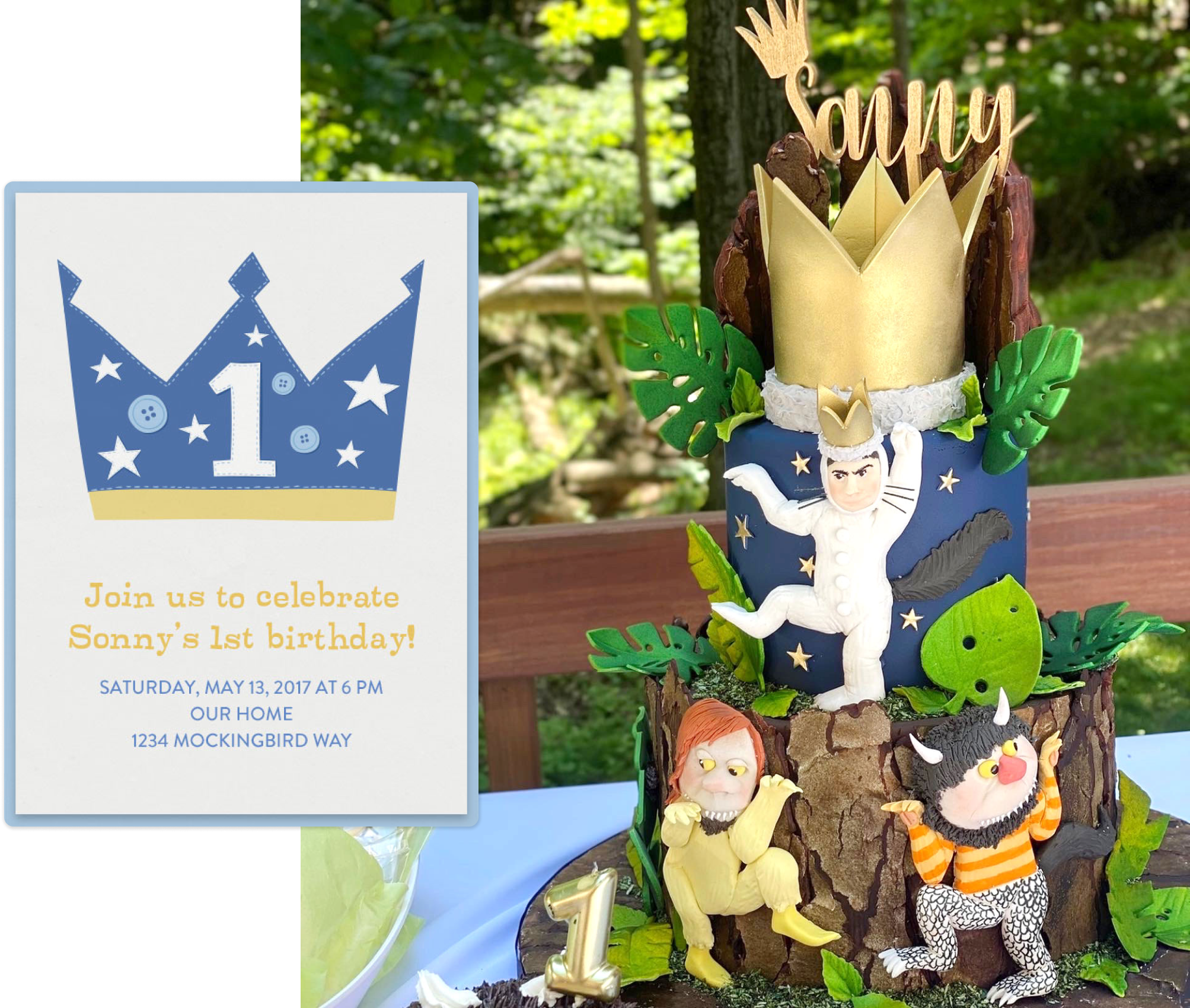 Crown-themed invitation next to a "Where the Wild Things Are cake.