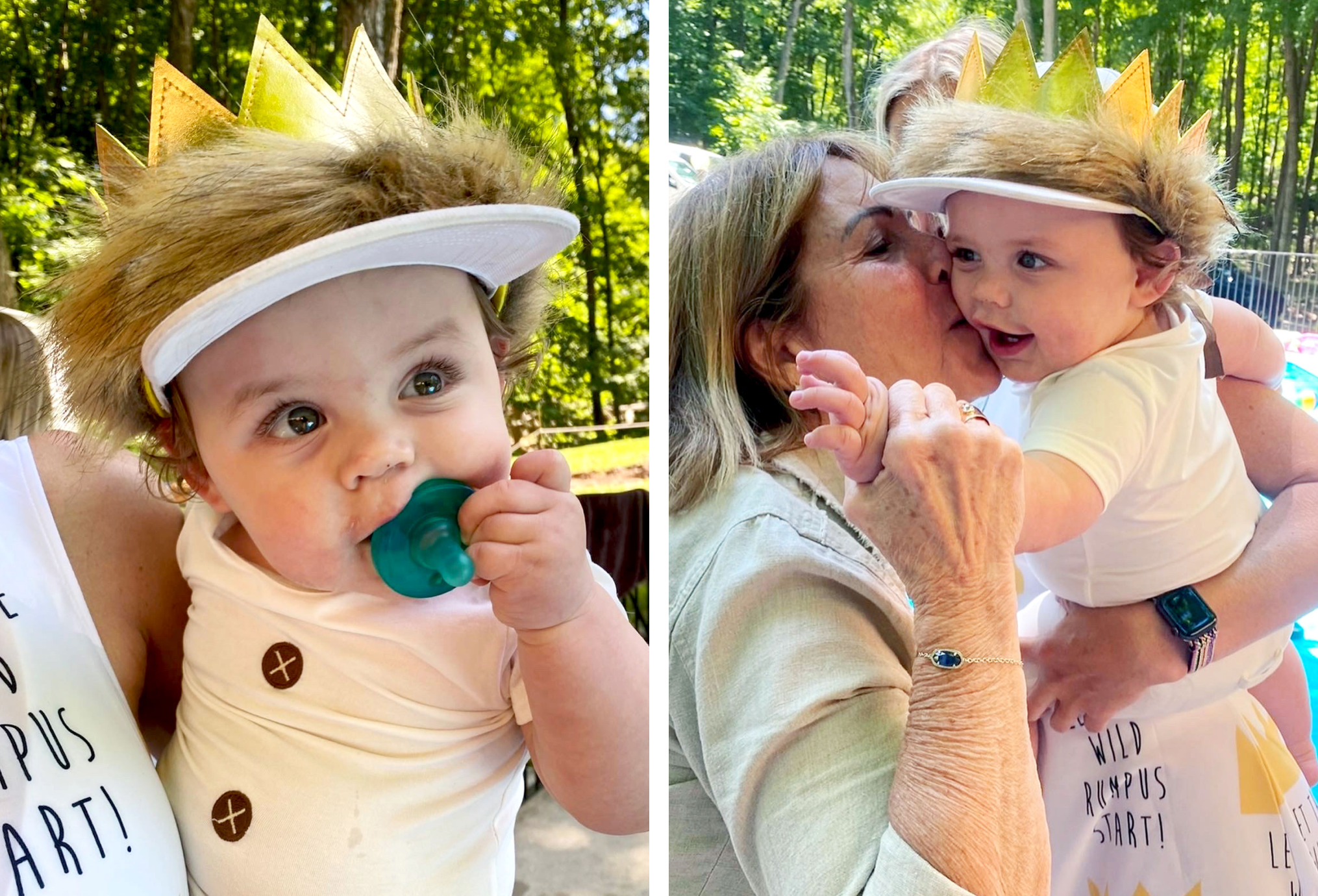 1-year-old child wearing a crown with faux fur on it.