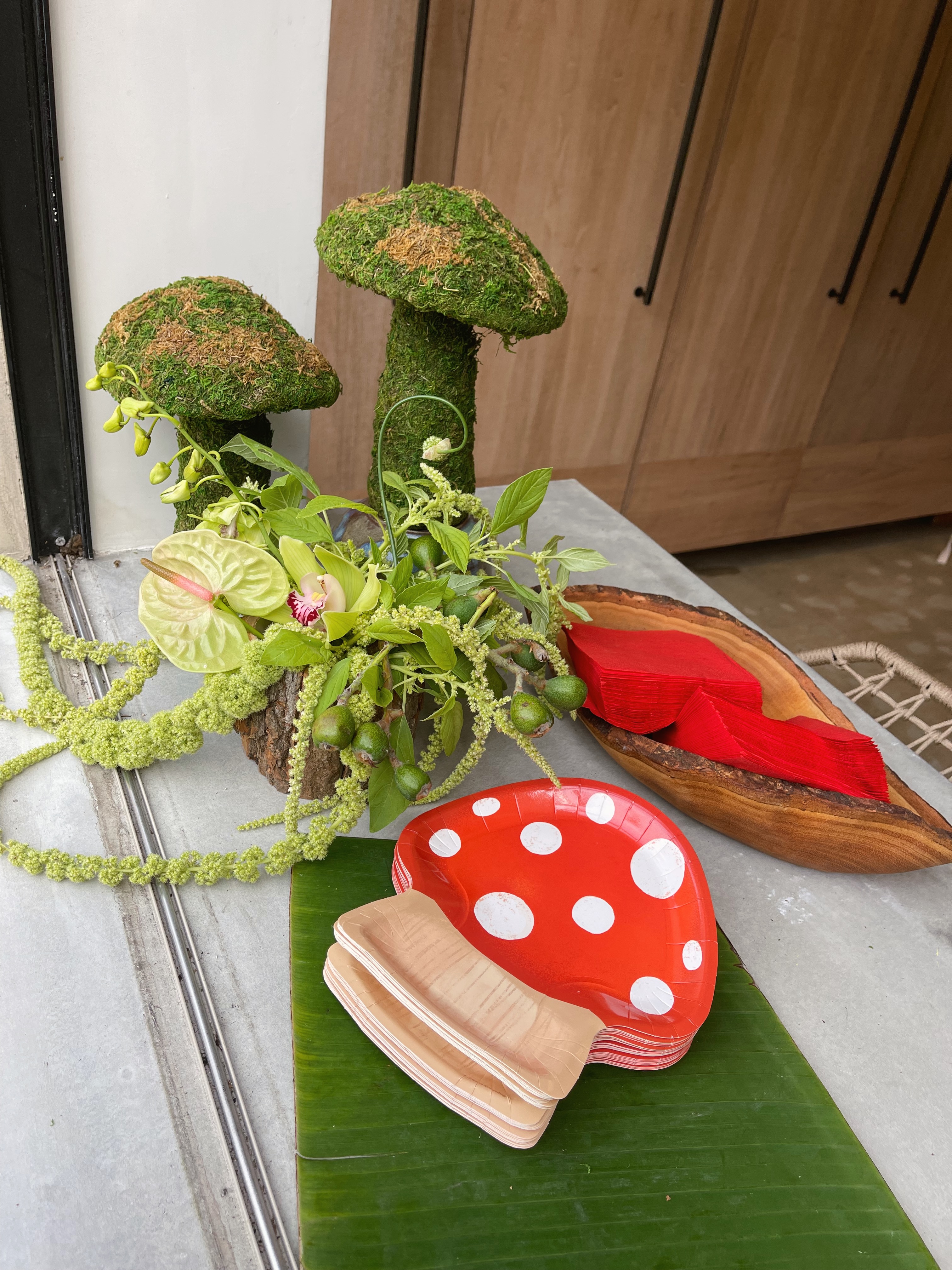 Mushrooms made of moss sit on a table behind mushroom-shaped paper plates.
