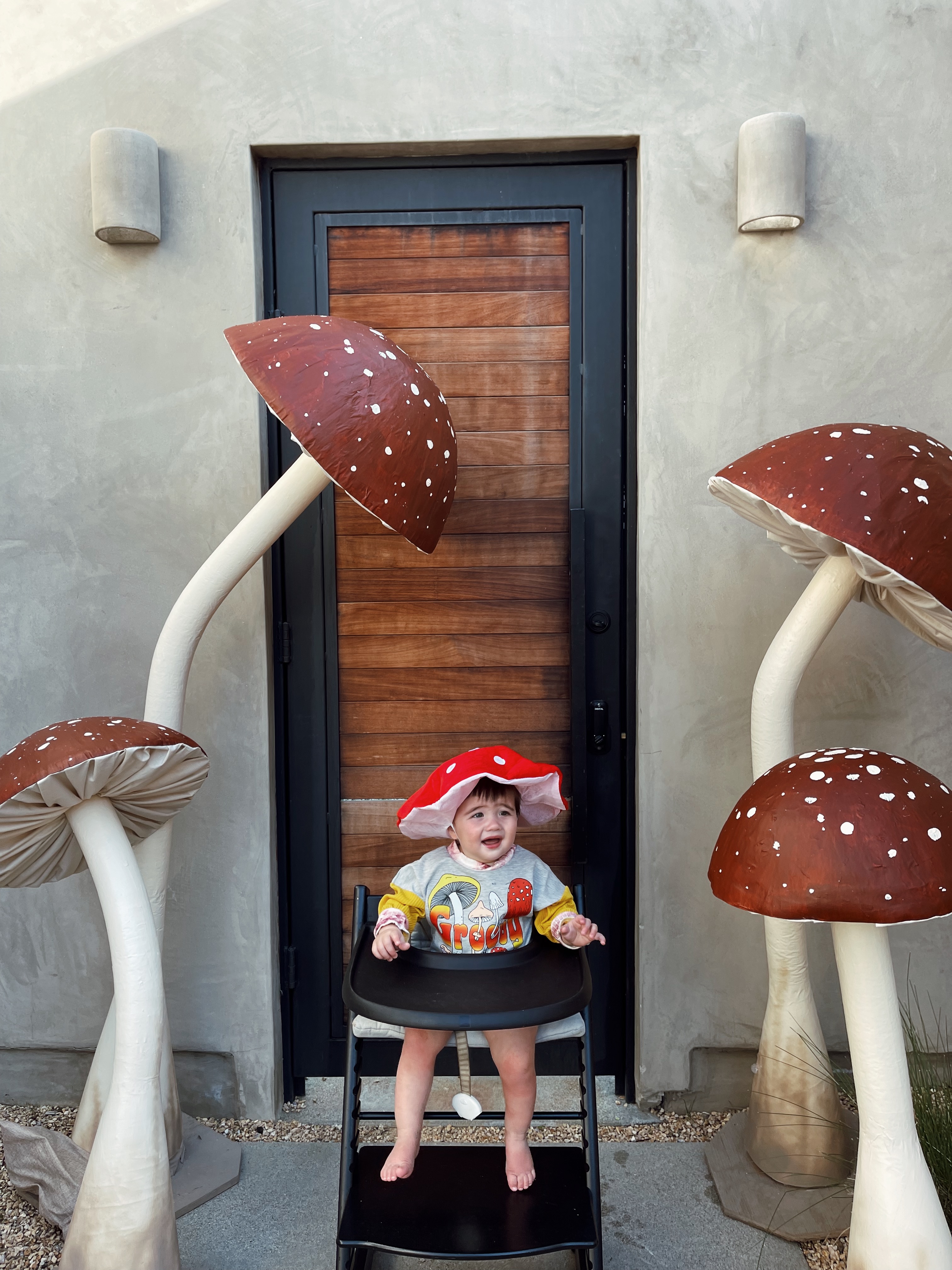 A baby in a high chair wearing a mushroom hat with giant mushroom sculptures surrounding.