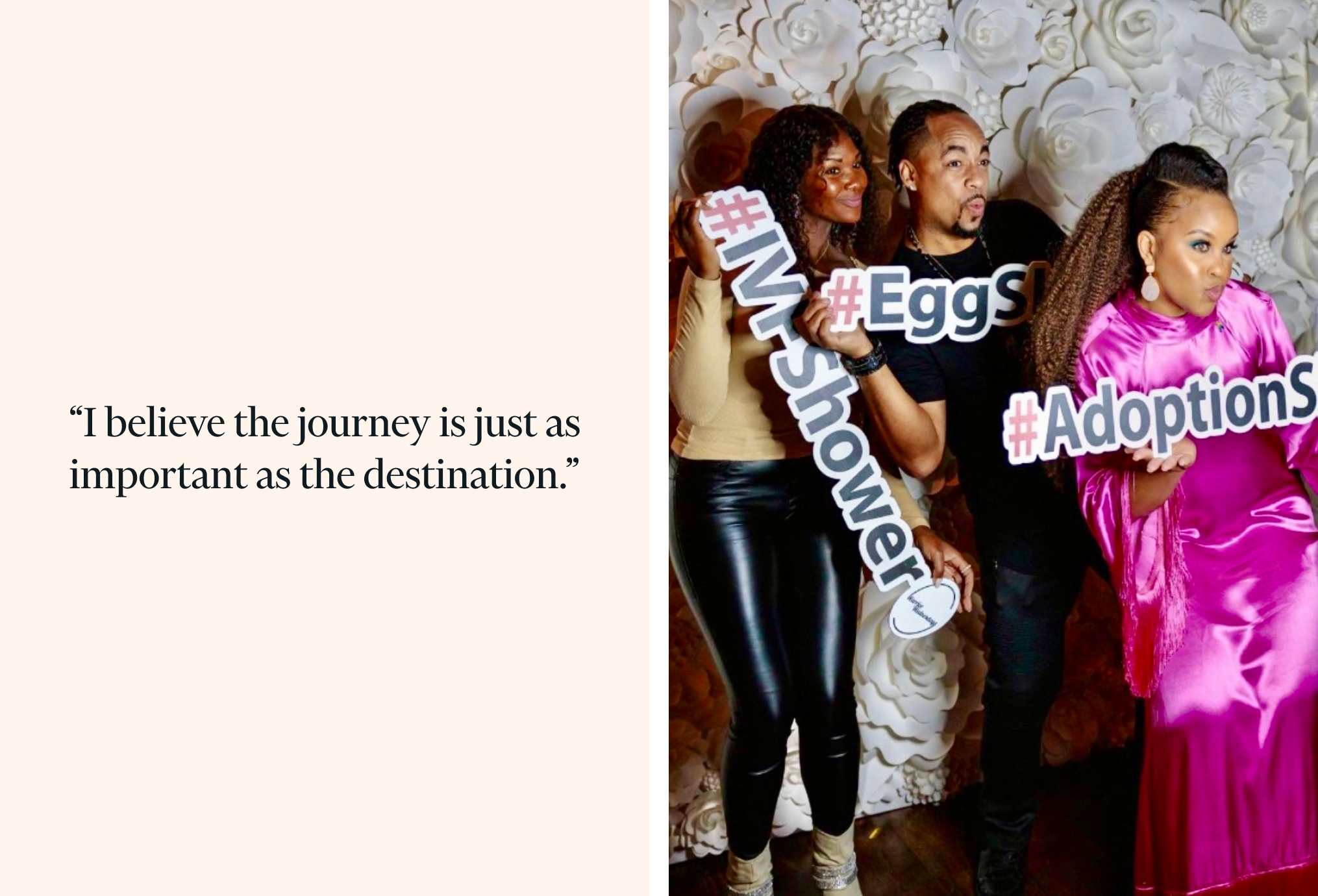 On left, text says "I believe the journey is just as important as the destination." On right, Kellee poses with friends.