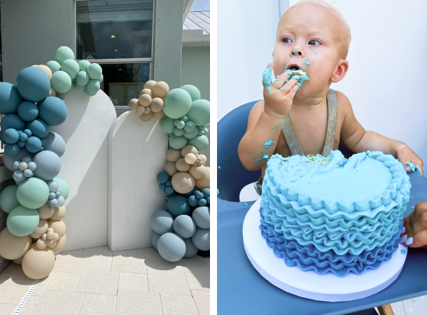 A blue balloon arch next to a photo of a child eating cake.