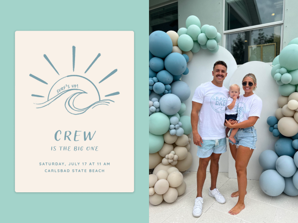 A surf-themed invitation next to Crew and his parents in front of a balloon display.
