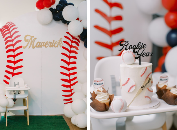 On left, an empty high chair in front of a baseball backdrop. On right, a baseball-themed cake.