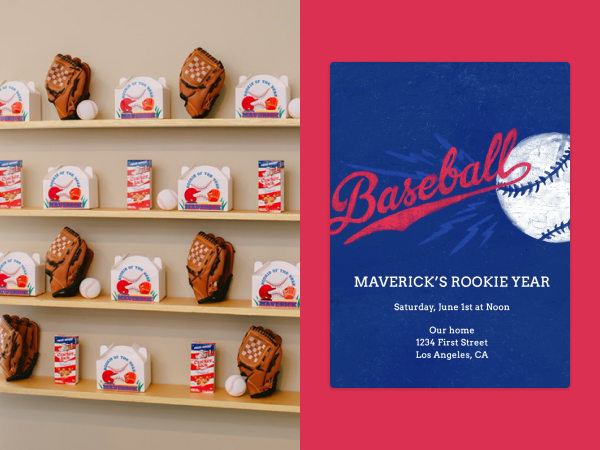 On left, baseball-themed goodie bags. On right, a baseball-themed invitation.