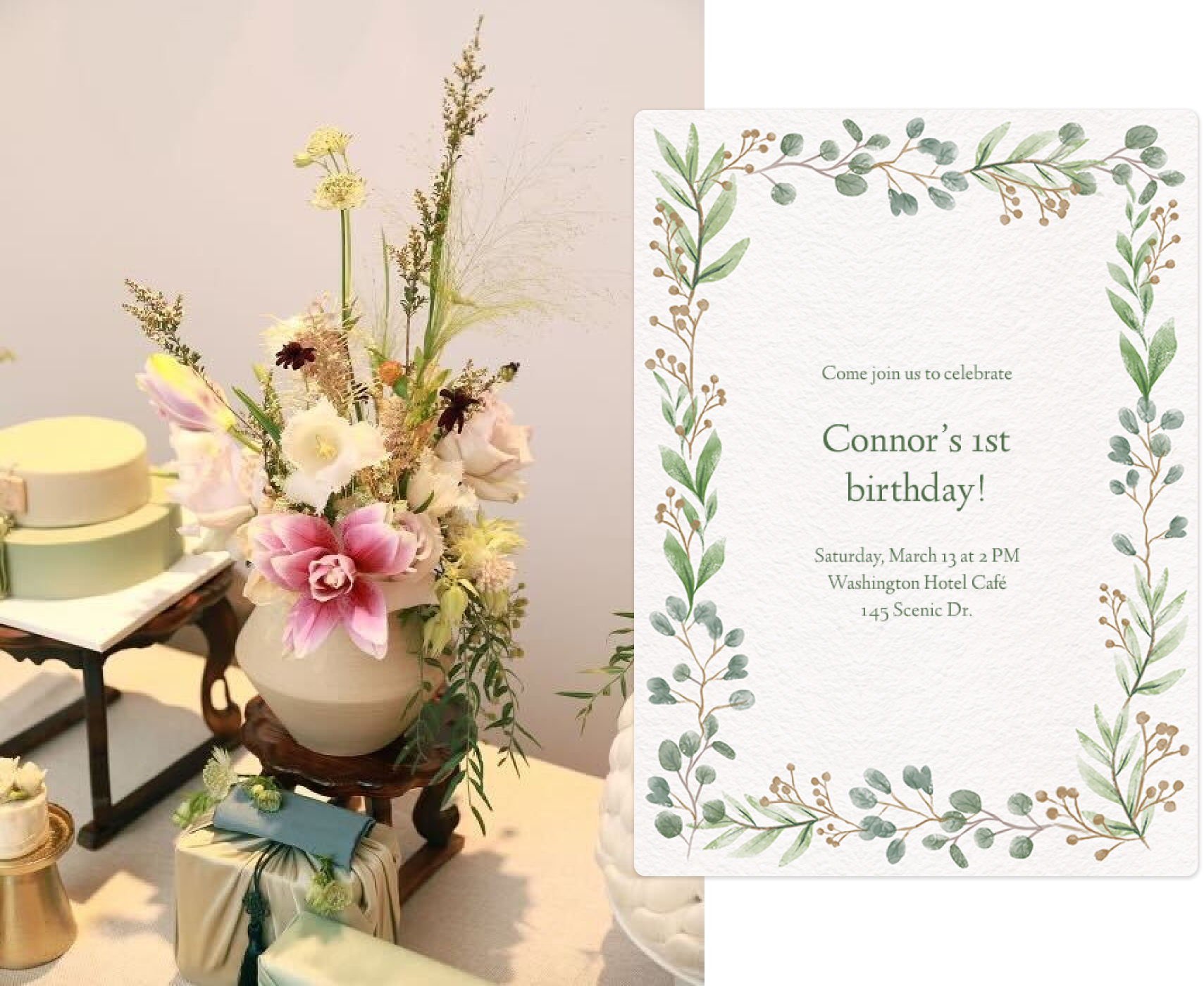 A vase filled with flowers next to an invitation.