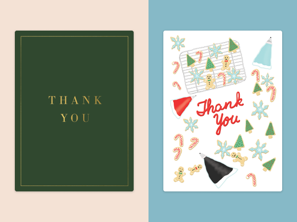 Two holiday-themed thank you cards.