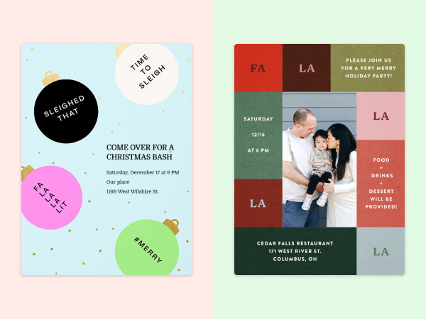 Two holiday party invitations.
