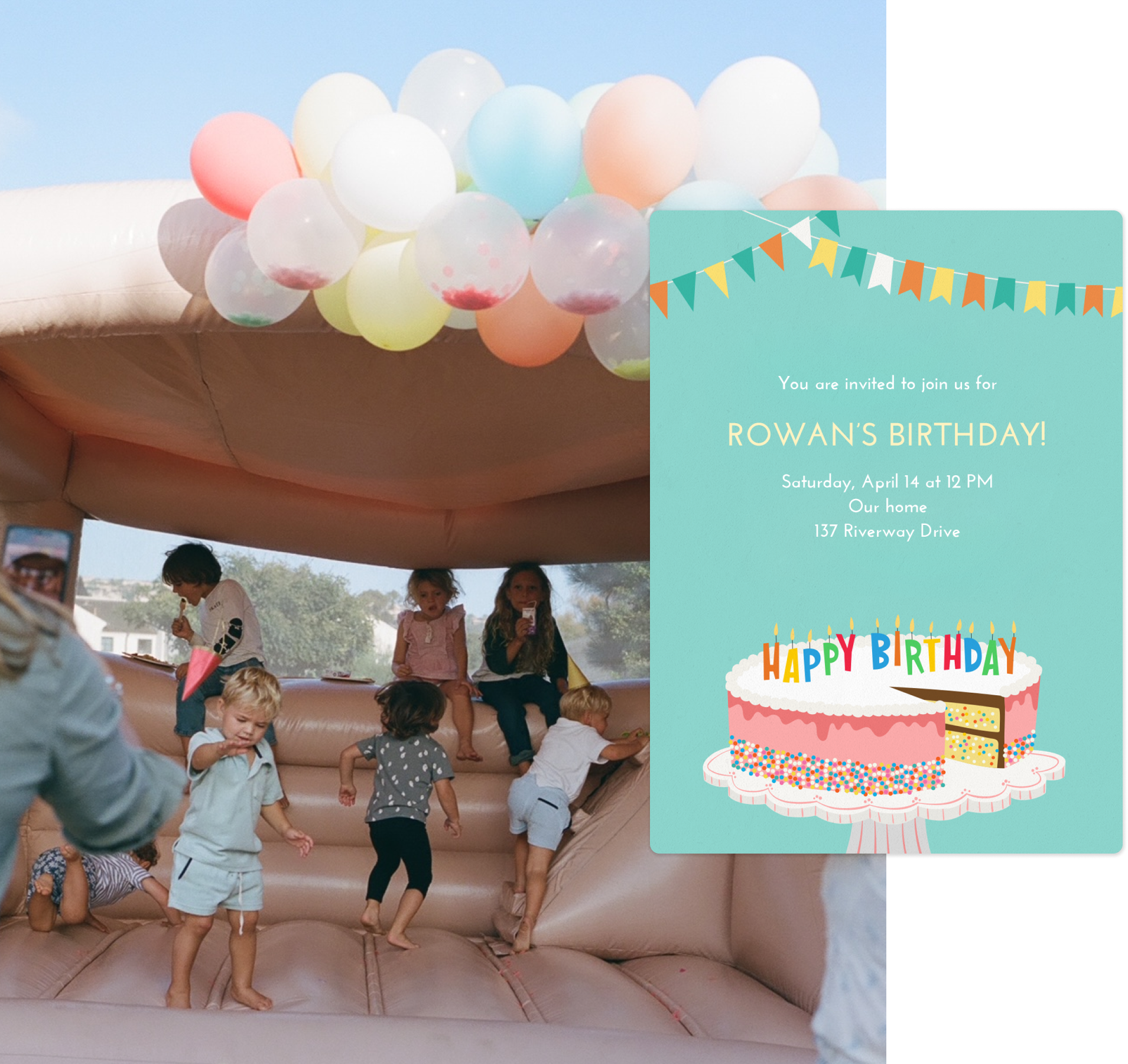 Kids in a bounce house and an image of a birthday invitation to the right.