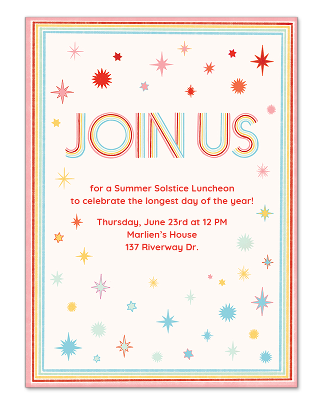 Rainbow colored invitations with stars and "Join Us" written on it.