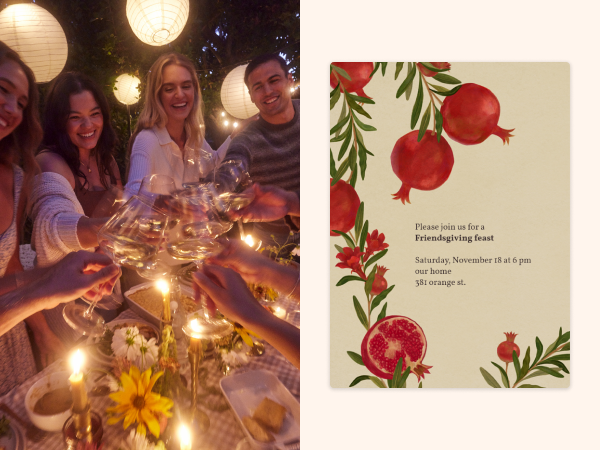 People clinking wine glasses together next to an invitation with pomegranates on it.