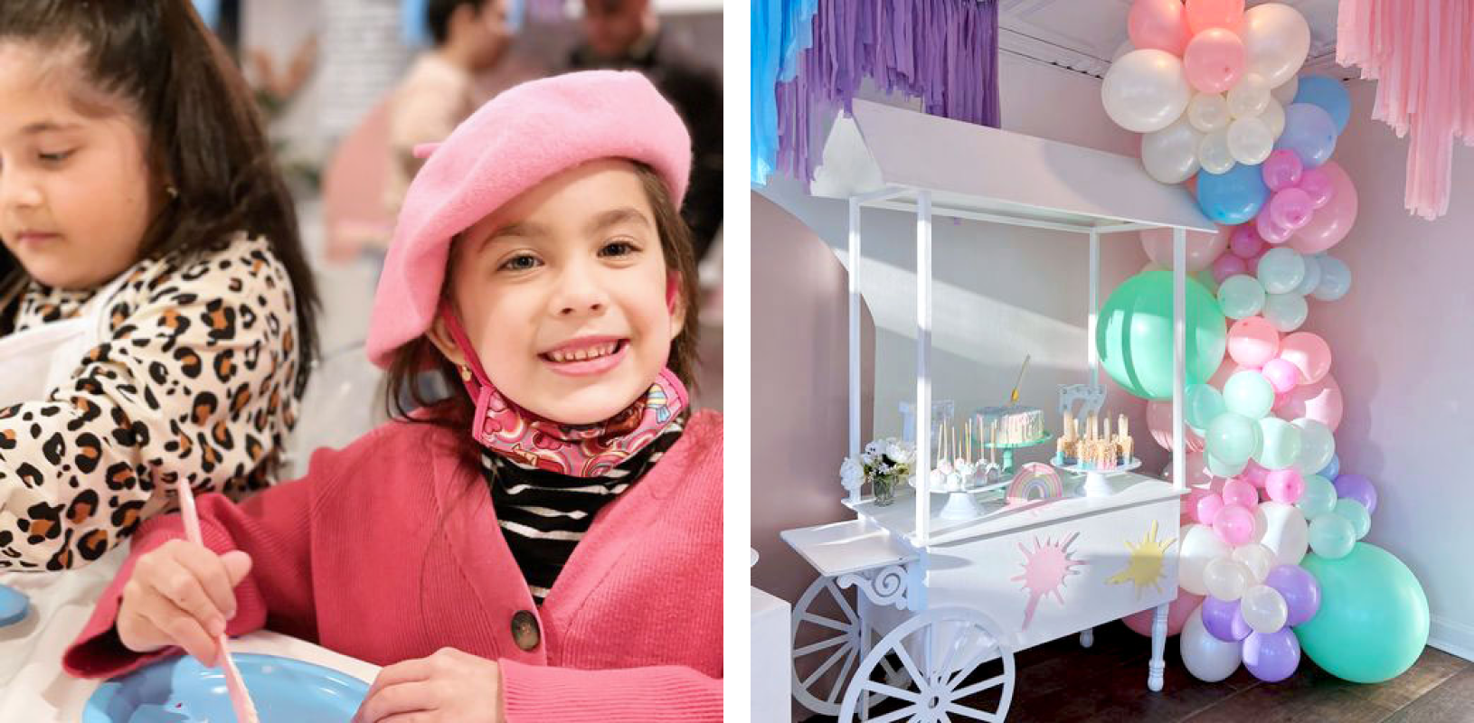 On left, a little girl holding a paint brush and smiling. On right, a dessert cart and ballons.