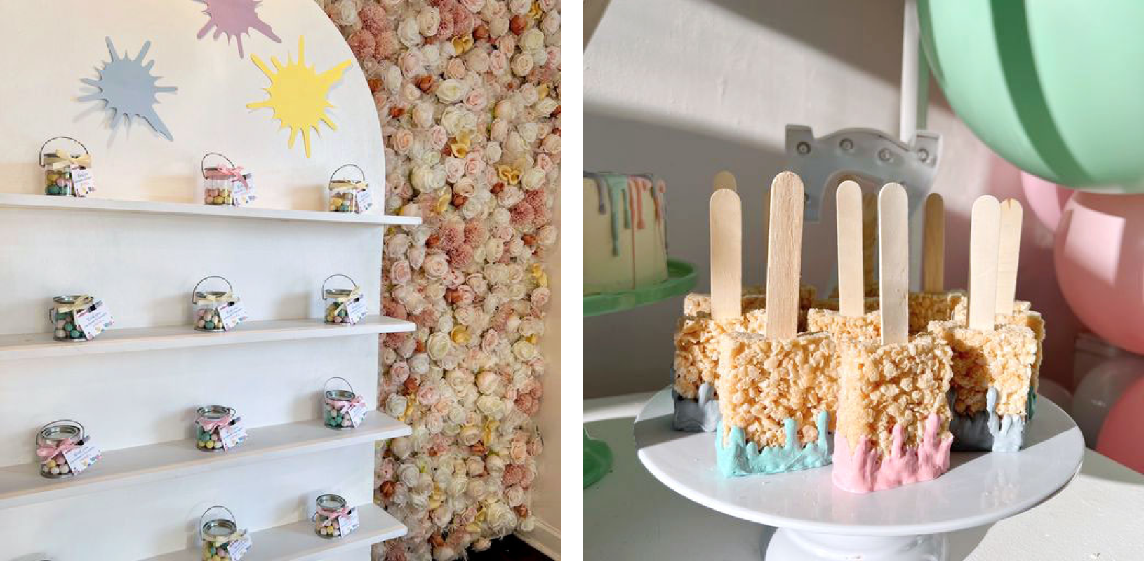 On left, a goodie bag wall with little jars of candy. On right, a platter of rise krispie treats on sticks.