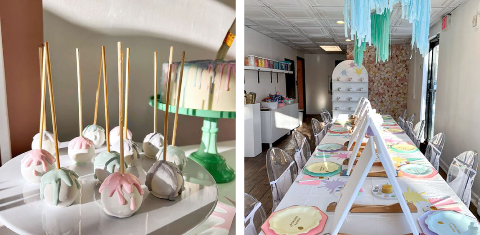 On left, a platter of cake pops. On right, a table set with plates and miniature canvases on easels.