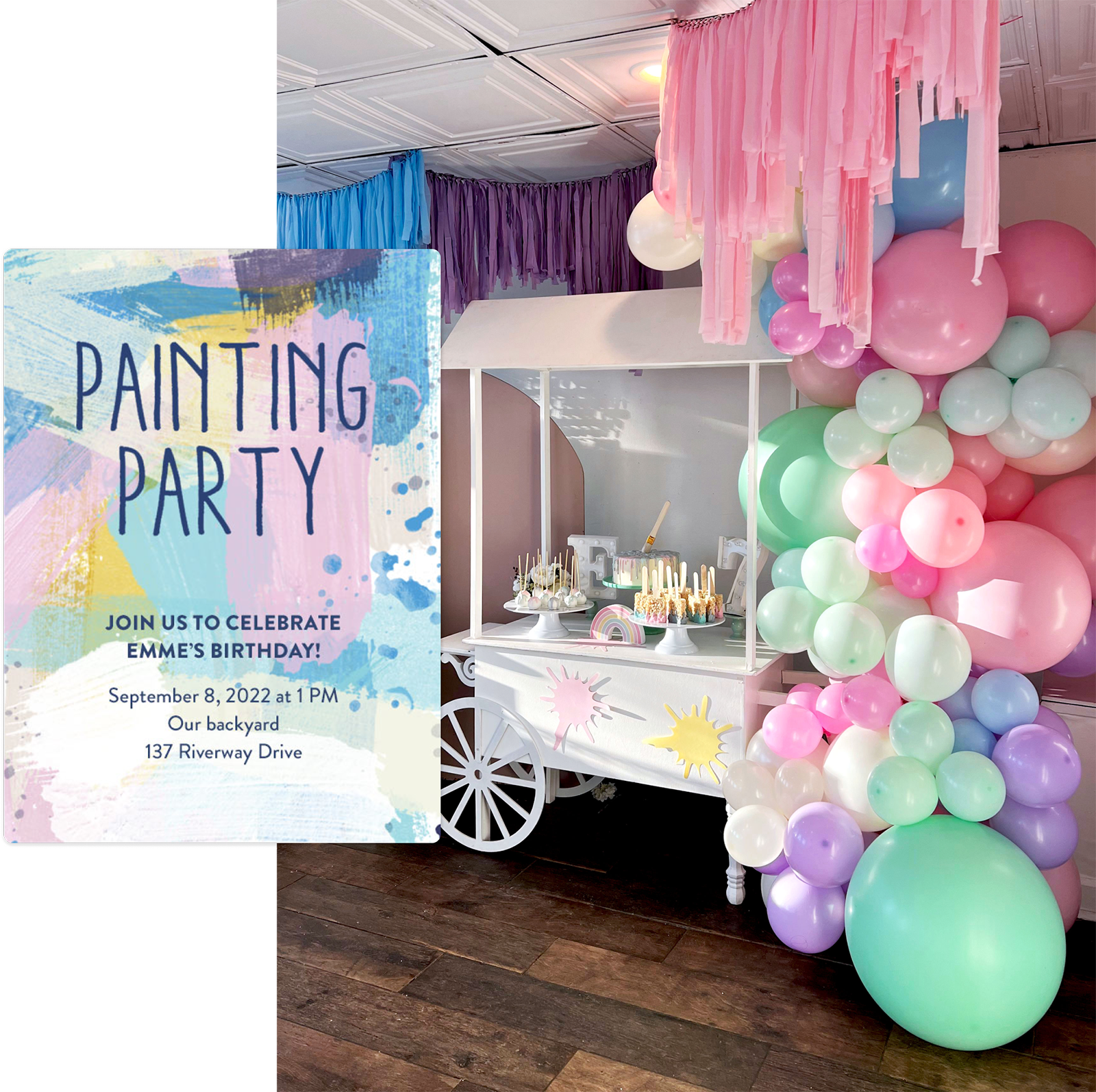 An image of the birthday invitation on top of an image of the dessert cart at the party with balloons to the right.