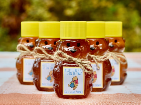 Jars of honey with personalized labels.