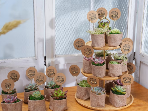 Succulents in burlap bags.