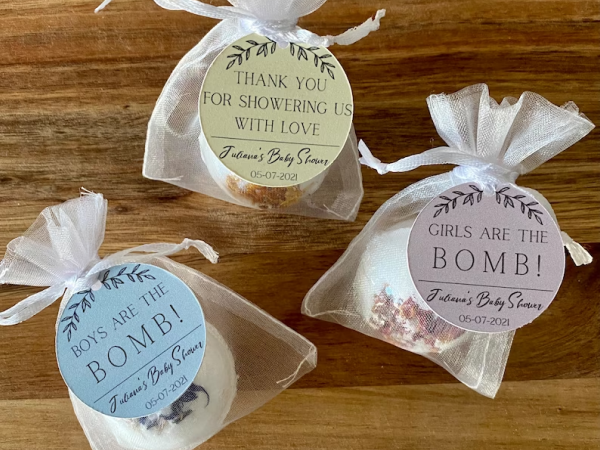 Three personalized bath bombs.