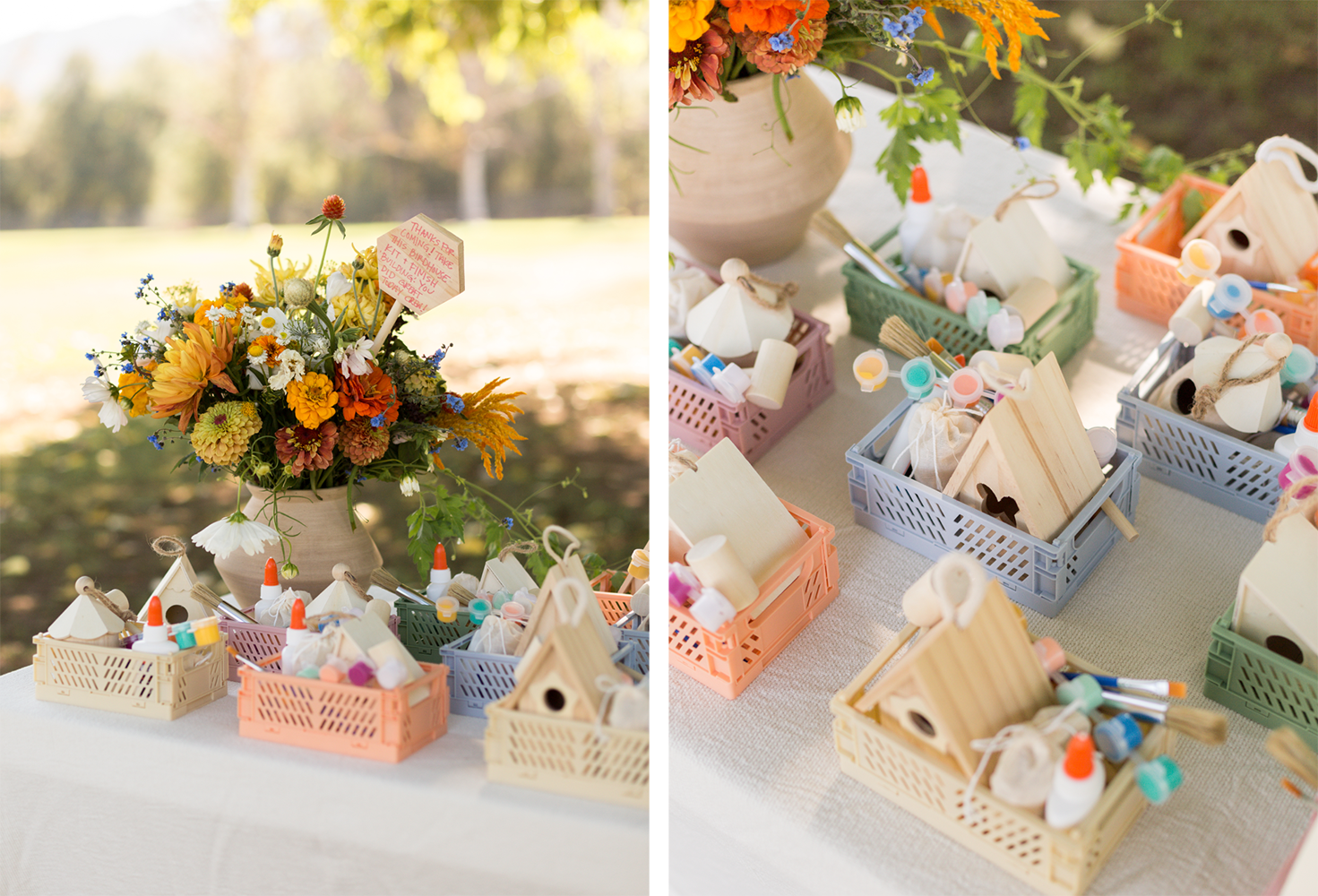 Two images of D.I.Y. birdhouse painting boxes on tables.