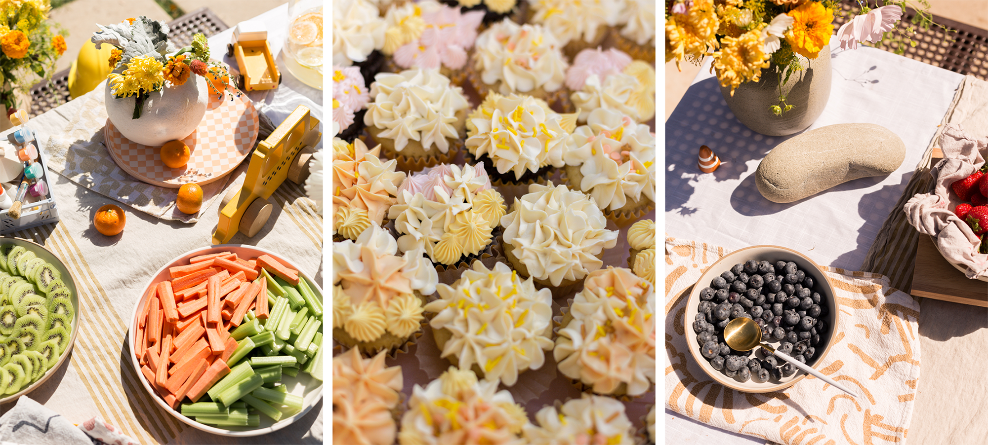 Three different images of food served at the party, including a vegetable platter, cupcakes and bowls of fruit.