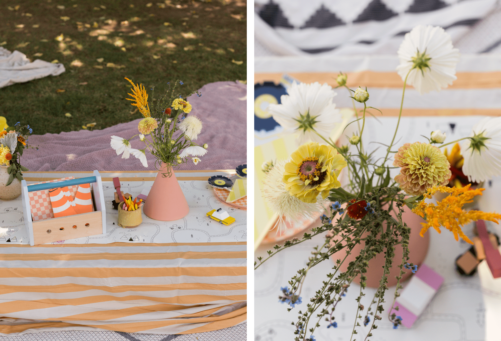 Two images of tables with flowers, crayons and other craft supplies.