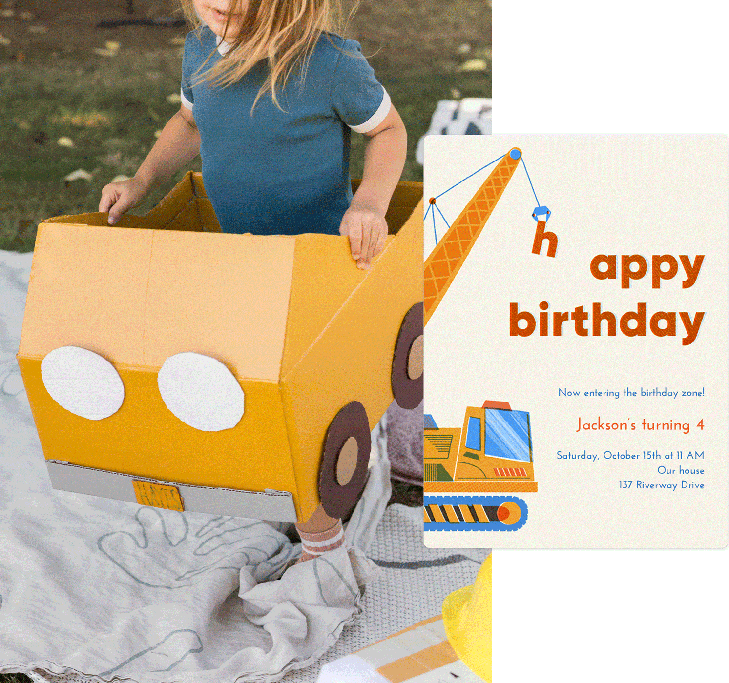 A kid standing inside of a carboard car with a birthday invitation to the right.