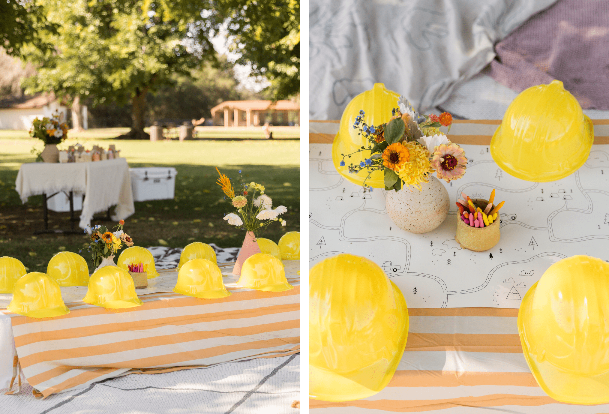 Two images of tables with plastic construction hats.