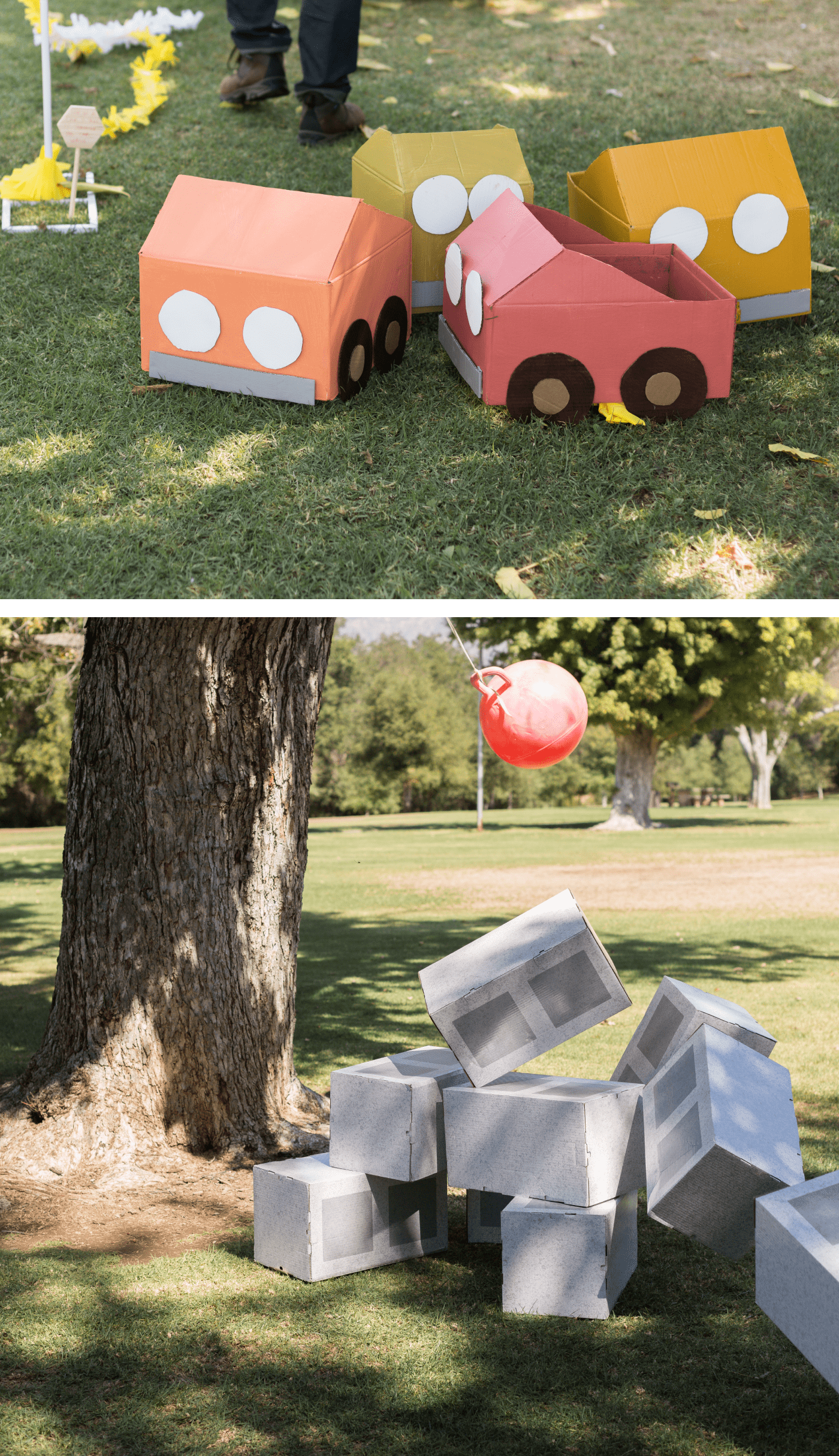 On top, four cardboard, handmade cars on grass. On bottom, a D.I.Y. wrecking ball made out of an exercise ball knocking down D.I.Y. cement blocks made of cardboard boxes.