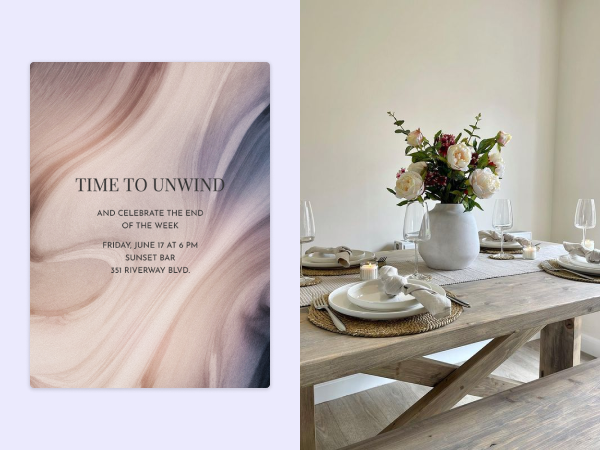 A swirly invitation on the left and a neutral tablescape on the right.