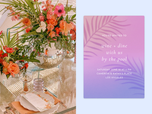 A tropical party on the left and a tropical invitation on the right.