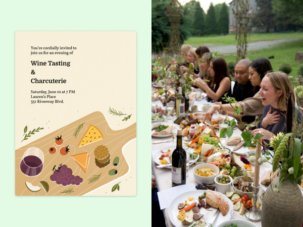 A charcuterie board invitation on the left and a dinner table full of people eating n the right.