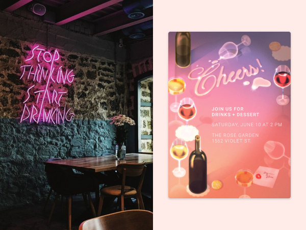 A picture of a bar on the left and a colorful, wine-themed invitation on the right.
