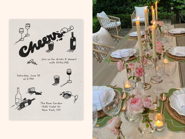A black and white illustrated invitation and an outdoor, summery tablescape on the right.