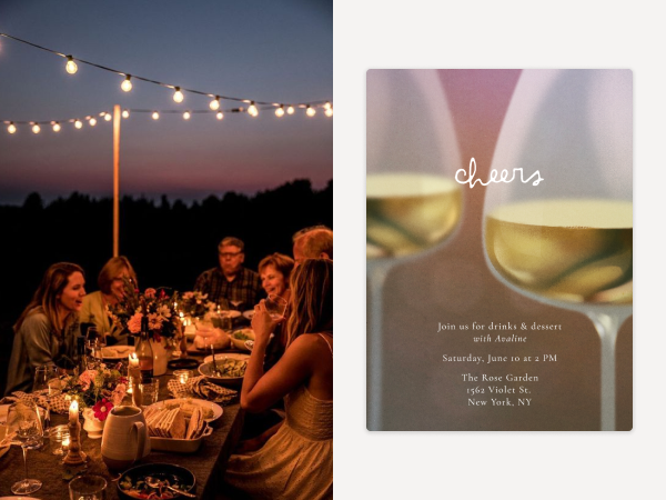 An outdoor dinner party on the left and an invitation on the right.