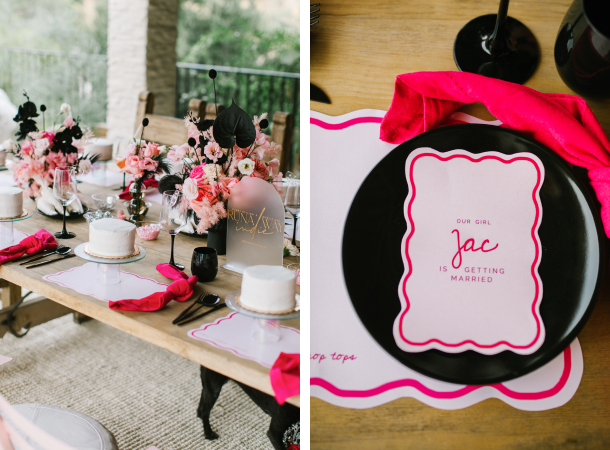 On left, a table set with cakes and flowers. On right, a close-up of a place setting.
