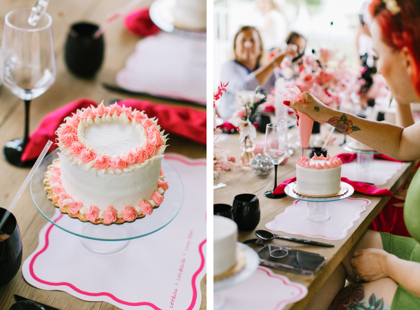 On left, a cake. On right, a woman decorating a cake with frosting.