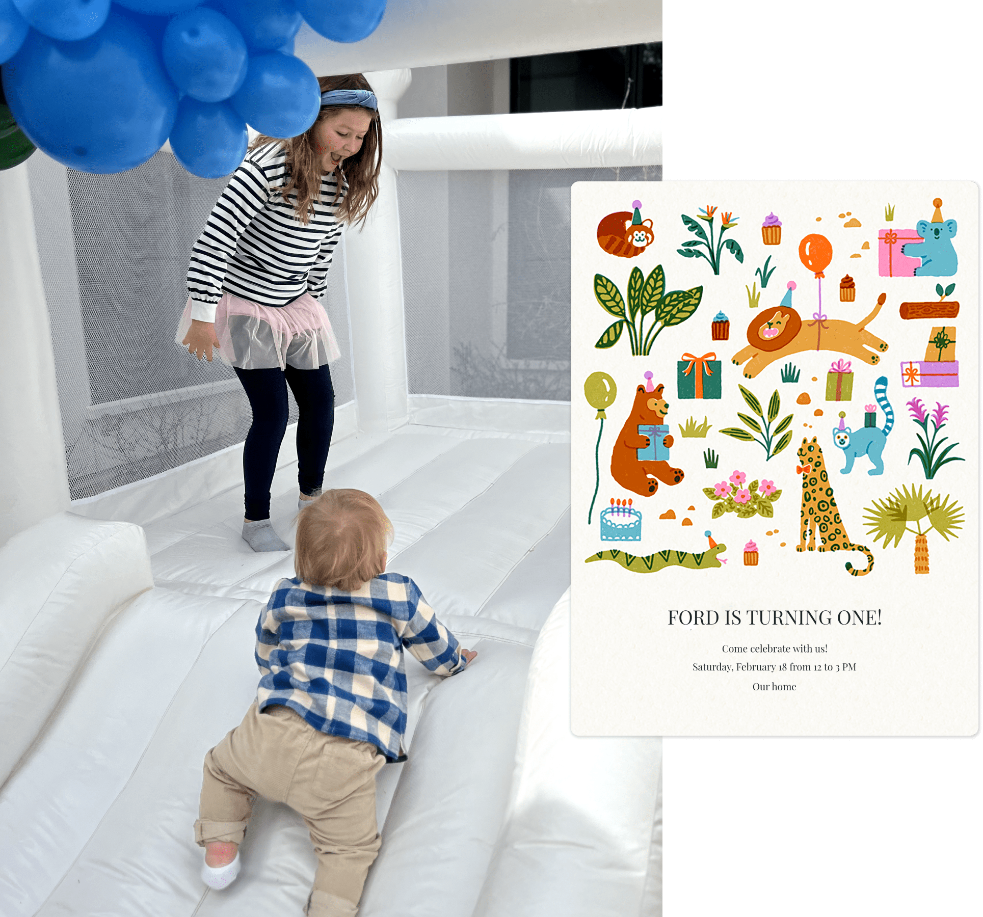 On left, kids playing in a bounce house. On right, a birthday invitation.