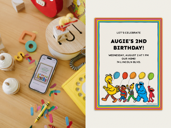 Phone with invitation on it next to a close-up of the Sesame Street invite.