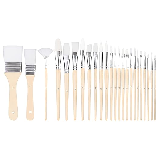 Amazon Basics Multi-shaped Polyester Paint Brushes for for Acrylic, Oil, Watercolor, Gouache, 24 count Different Sizes, Wood Color